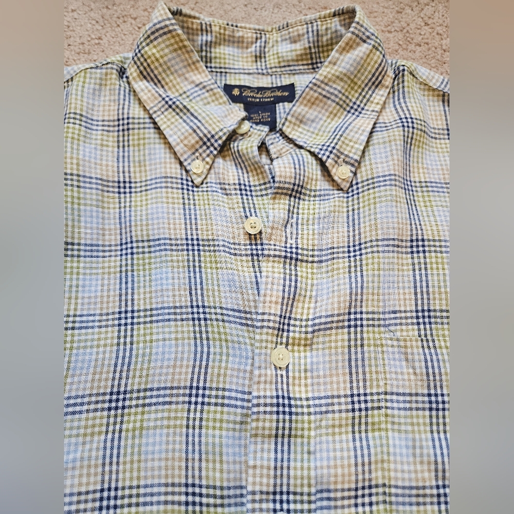 Brooks Brothers Shirt Mens L Green Blue plaid 100% Irish Linen Short Sleeve